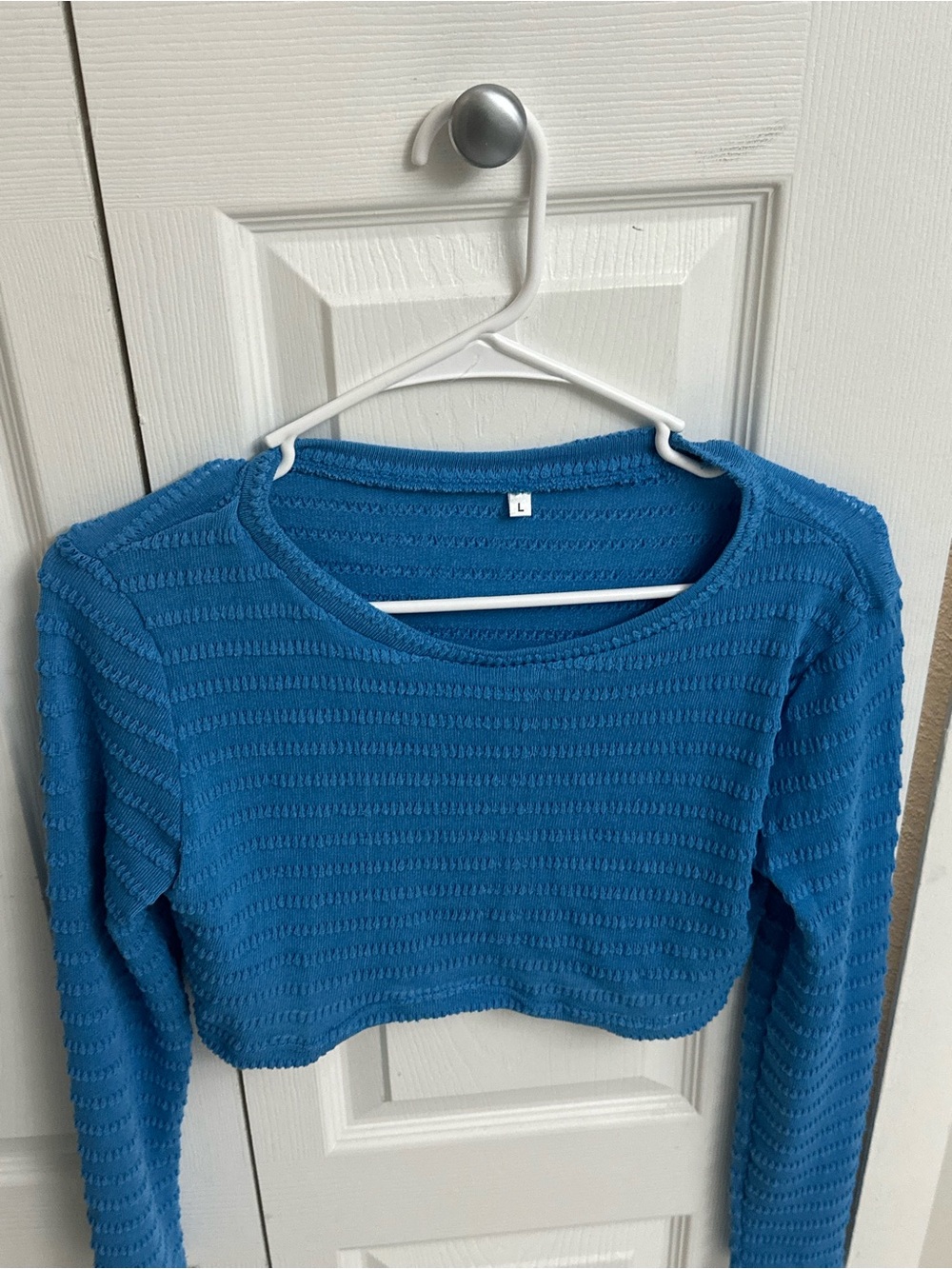 Blue Cropped Long-Sleeve Textured Top